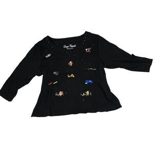 Women's Black Halloween Top Shirt XL Pumpkins Ghosts Cats Witchy Whimsigoth